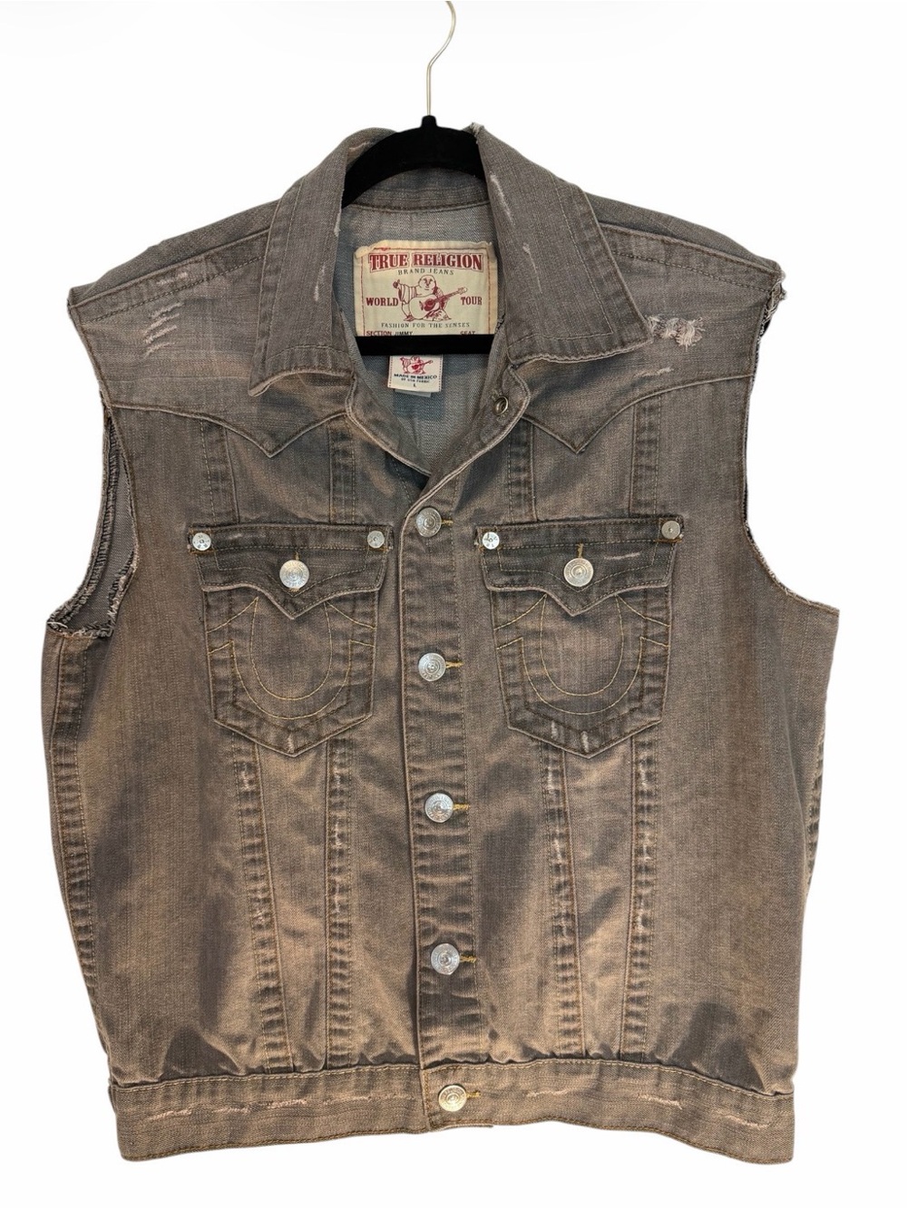 True Religion Light Grey Denim Jacket with Red Logo Patch